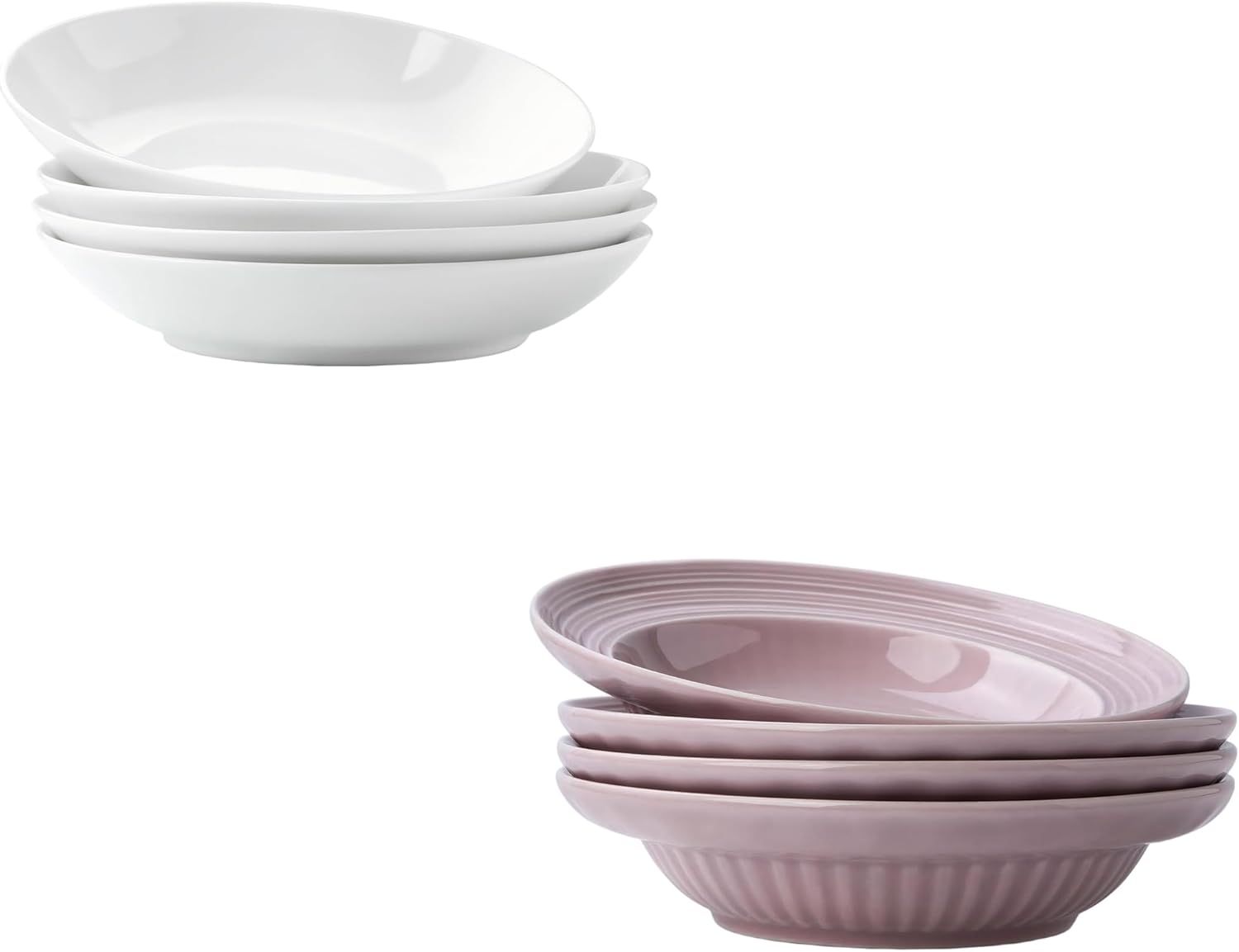 White Bone China Pasta Bowls (25.7oz) + Purple Ceramic Soup Bowls (11oz) Bundle | 8-Piece Dinnerware Set for Salad, Pasta & Soup, Microwave Safe