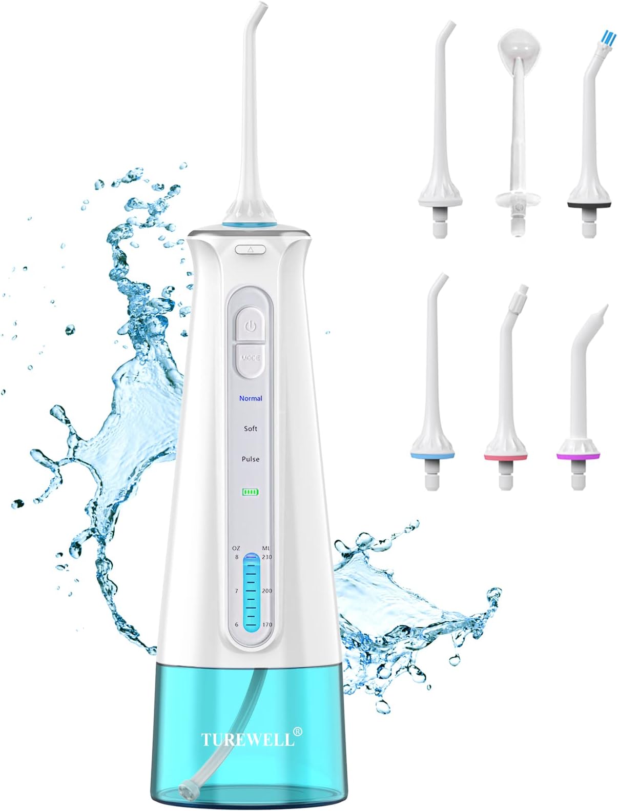 TUREWELL Water Flosser for Teeth, Portable Oral Irrigator with 3 Modes 6 Jets, IPX7 Waterproof USB Rechargeable Water Teeth Cleaner, waterpick for Travel&Home B-White