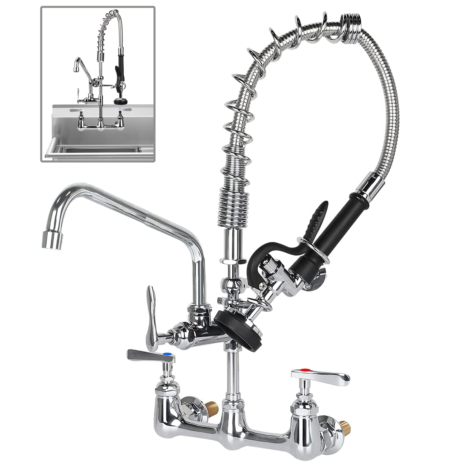 KOLLNIUN Commercial Sink Kitchen Faucet with Sprayer, 8 Inch Center Wall Mount Pre-Rinse Faucet 25” Height with 12'' Swivel Spout Commercial Compartment Sink Faucet for Restaurant Industrial