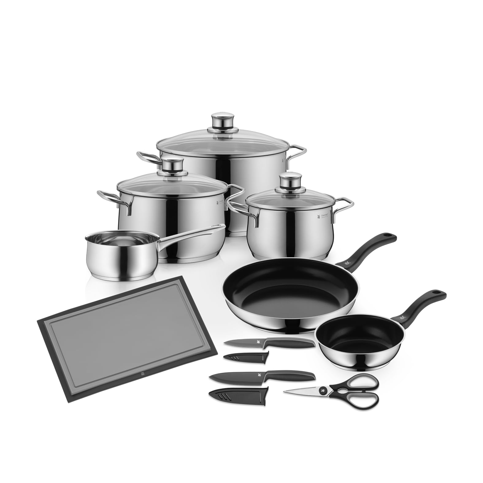 WMF Diadem Plus Topfset Induktion 10-teilig, Kochtopf Set mit Glasdeckel, Cromargan Edelstahl poliert, Induktions Töpfe Set unbeschichtet