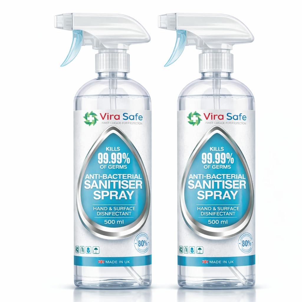 2 x 500ml Sanitiser Spray - Antibacterial Surface Disinfectant Sanitiser - 80% Pharma Grade Alcohol Based - Viral Eliminating Formula - Effective Against 99.9% of Viruses and Bacteria