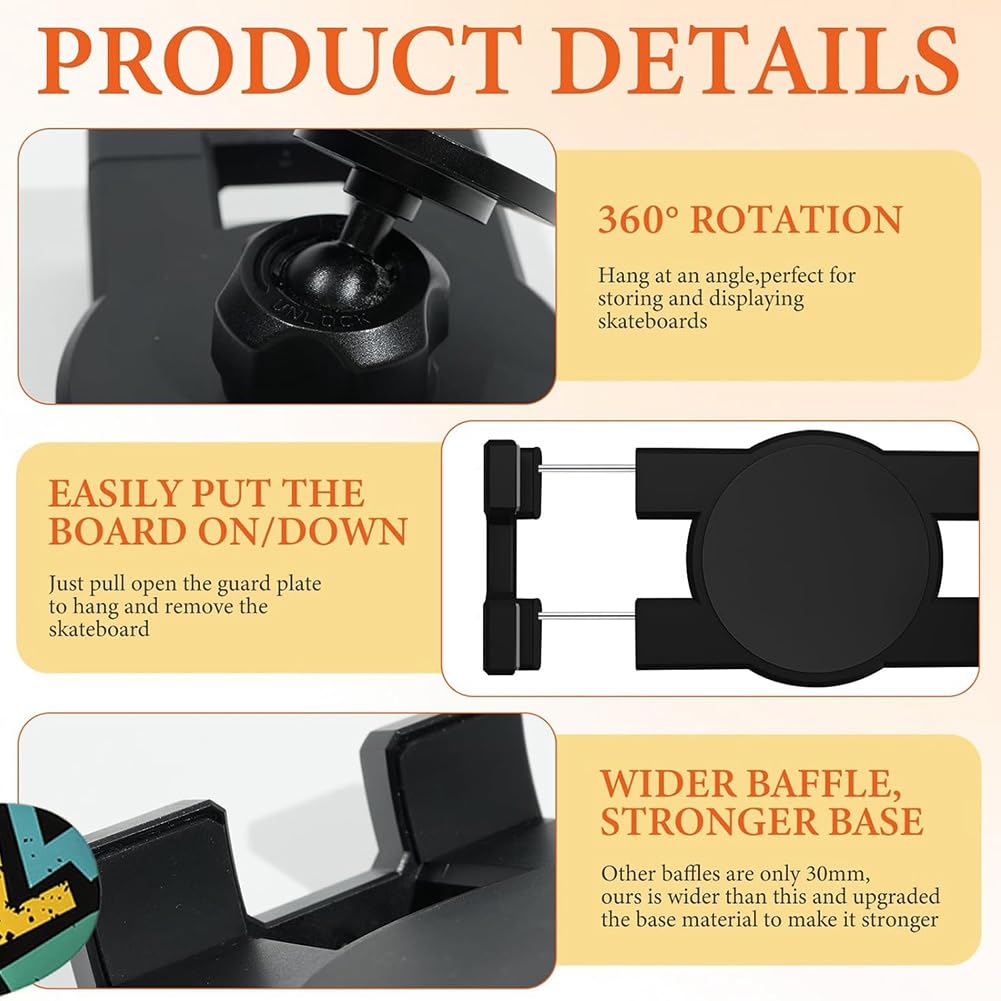 Porte-Affiche Flottant, Accrocheur Universel pour Planches de Skateboard, Support Mural pour Skateboard, Porte-Skate Mural Rotatif à 360°.