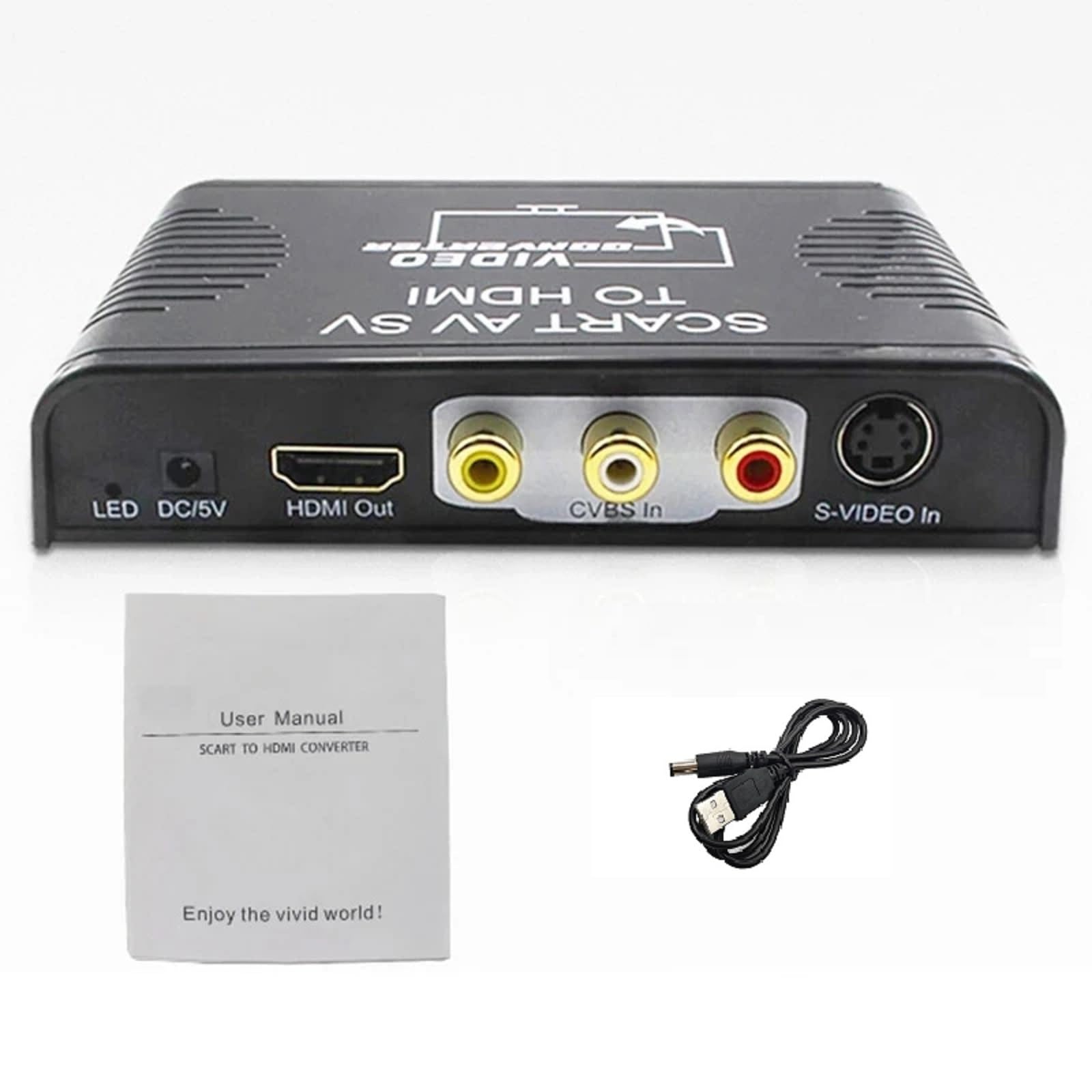 3-in-1 Scart to HDMI Converter Accessories, Scart AV SV to HDMI Video Converter with USB to DC Power Cable