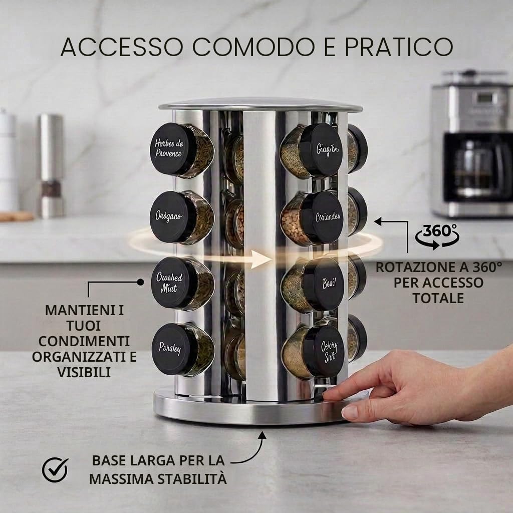 edihome, Porta Spezie per Cucina, Girevole, 360º, 16 Barattoli di Spezie, con Coperchi e Dispenser Individuali, Organizer, con Etichette per Barattoli