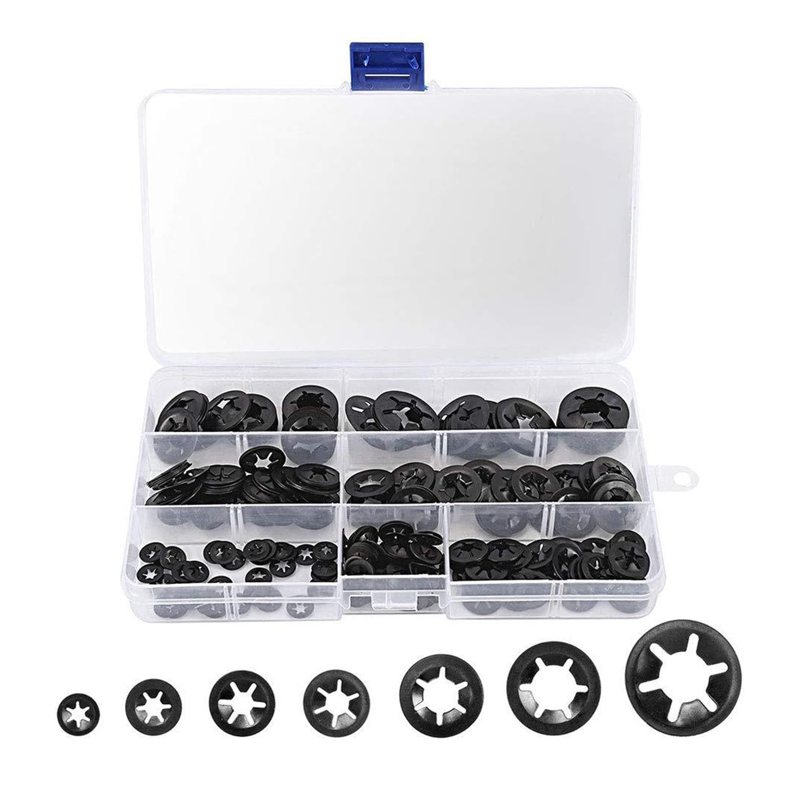 260 Uds M3 M4 M5M6M8M10M12 arandelas de seguridad Push-in sujetadores de bloqueo de estrella rápida de Metal Clip de retención tuerca de estrella