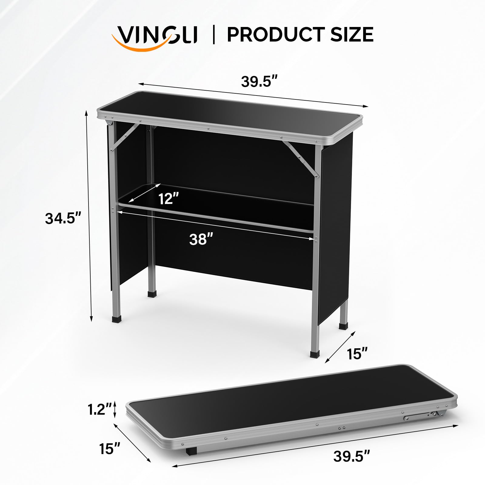 Condition photo showing Good Condition for vingli portable bar table, 2-tier shelves, mobile bar table for events, party, camping, picnic, tradeshow, indoor with black skirt, 39 "l x 34" h