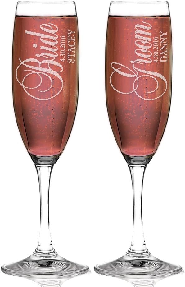 Bride and Groom Personalized Set of 2 Champagne Flutes, Celebration Glasses for Newlyweds, Custom Engraved His Her Champagne Glass Wedding