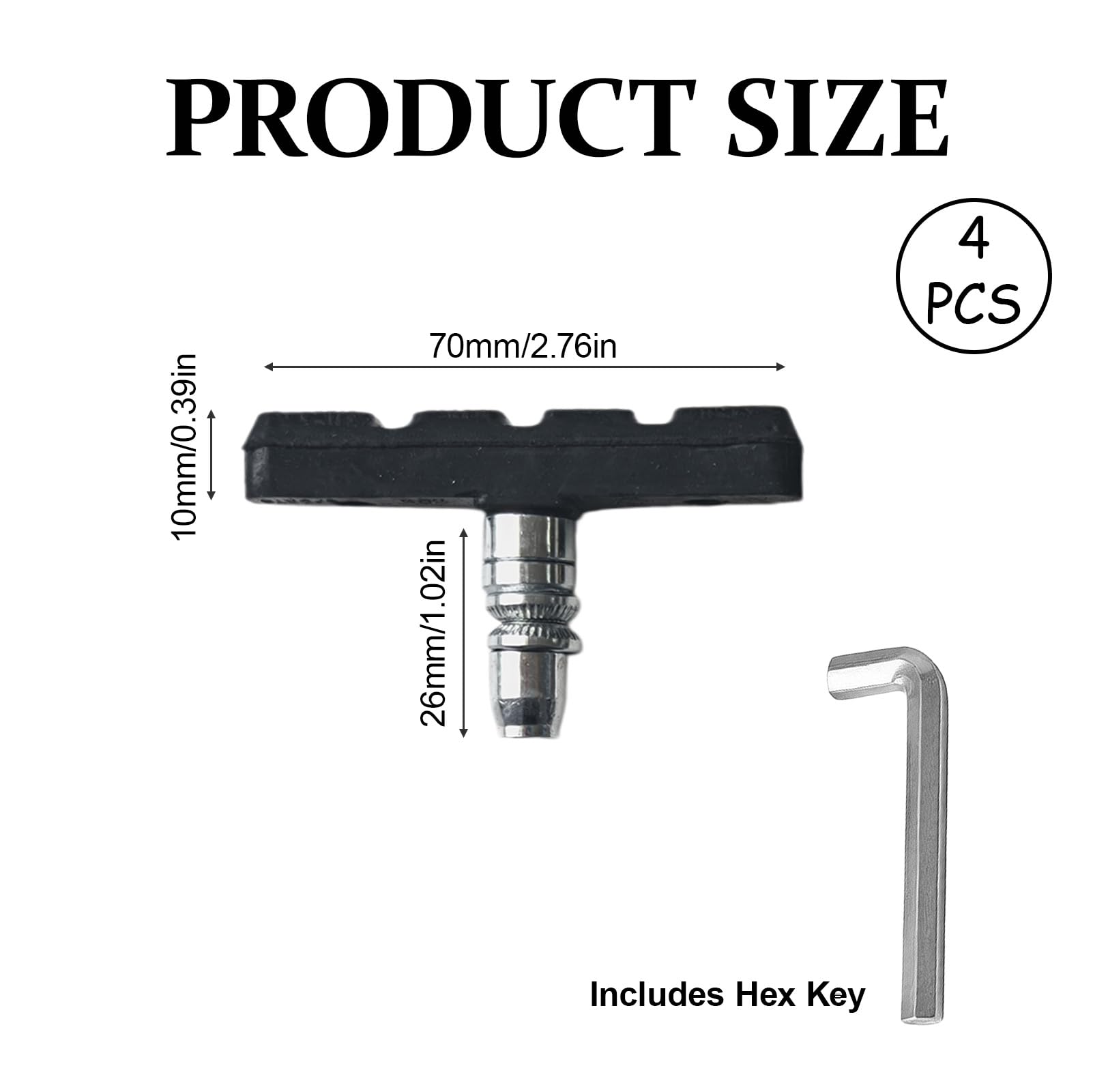 V-Brake - Set di 2 paia (4 pezzi) con chiave a brugola, pastiglie freno da 70 mm per freni a V, freni a cerchio, in gomma compatibile con Shimano Sram Tektro MTB bici da strada City Bike