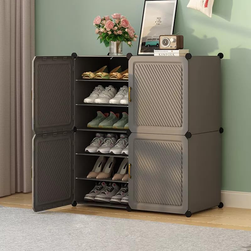 EXVITO Portable Shoe Rack for Home Plastic Shelves Household - 4 Door DIY Multipurpose Shoe Rack Organizer, Shoe Storage-Shelf with Dustproof Door Entryway for Heels/Slippers/Boots - Grey-image-46