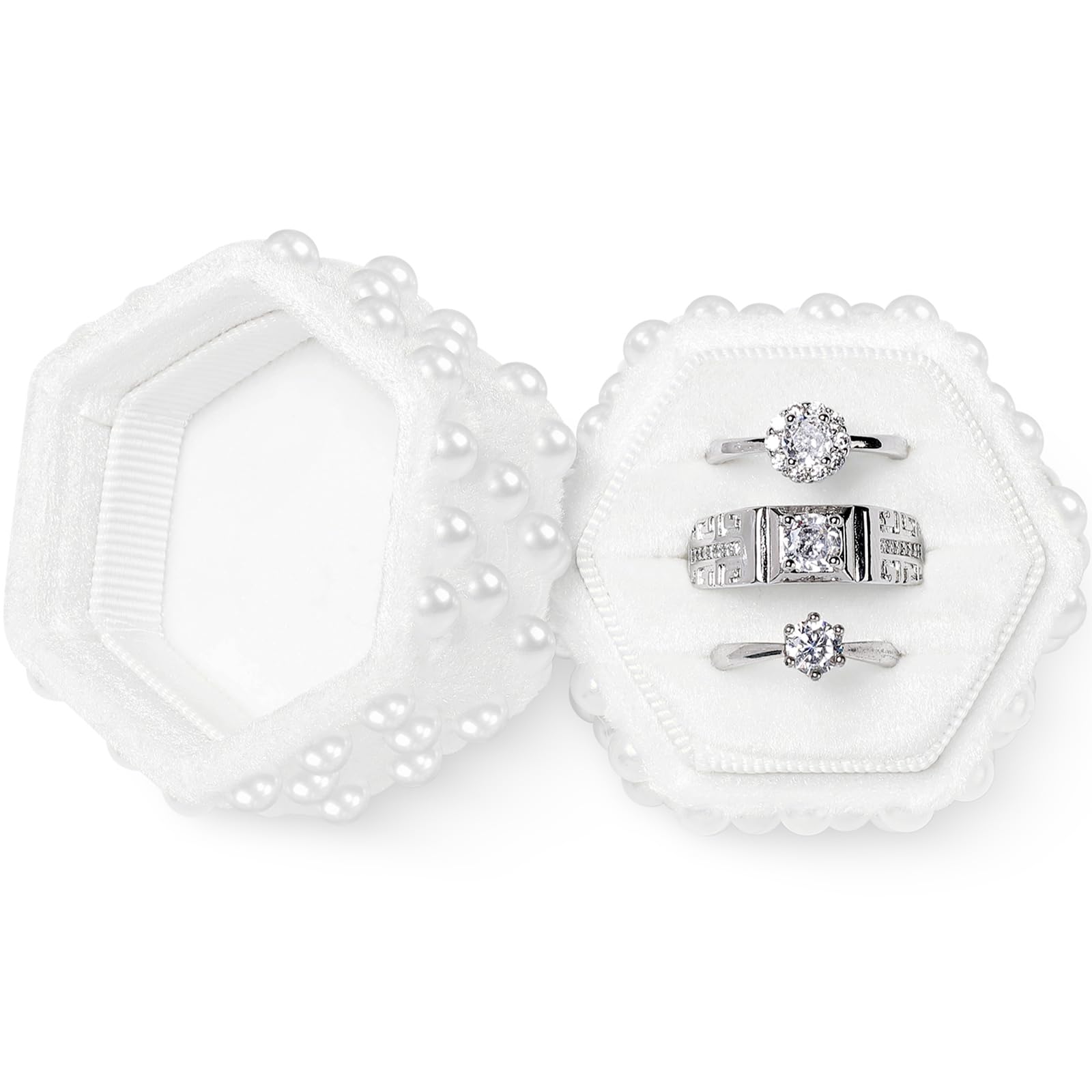 WantGor Samt Schmuck Ring Box, 3 Slots Sechseck Ring Geschenk Box Vintage Ring Display Holder Case für Hochzeit Zeremonie Vorschlag Engagement (Weißer Perl)