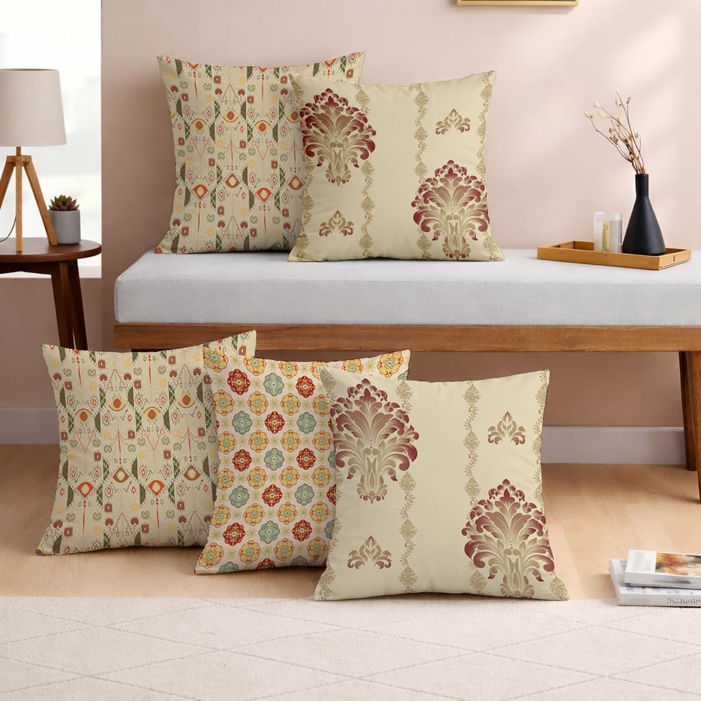 STITCHNEST Set of 5 Royal Damask & Ikat Collection Printed Jute Cushion Covers 16x16 Inches | Ethnic Decorative Throw Pillow Covers for Sofa, Living Room & Bedroom | Premium Home Decor