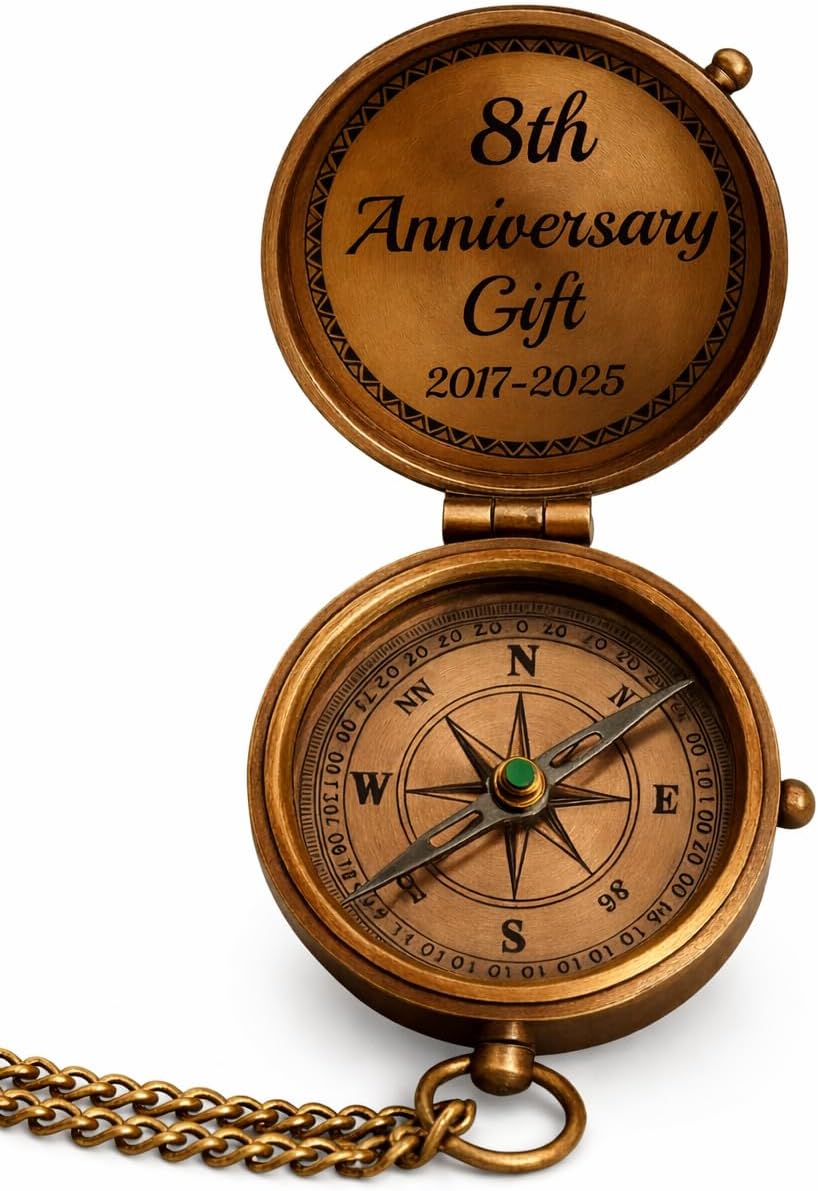 Engraved Brass Compass, 8th 2017-2025, Vintage Style with Chain, Personalized Keepsake