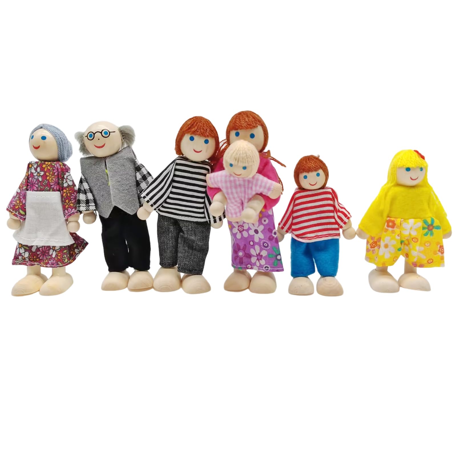 XIAONAN Sets of 7 People Wooden Doll Toys, Family Doll Toys Doll House Accessories for Doll House Kids Children Toy