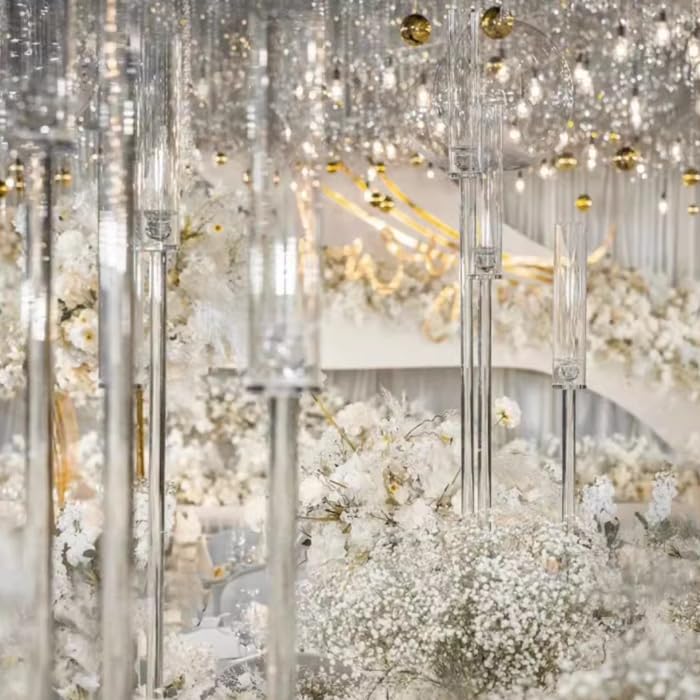 3 Arm Acrylic Candelabra Table Centerpiece Wedding Tall Floor Candle Holder with Shade Pillar Taper Candle Stand for Dining Party Anniversary.