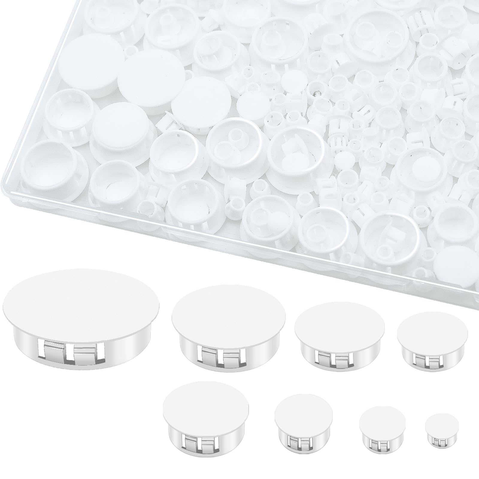 180PCS 8 Sizes White Plastic Hole Plugs, Knockout Plugs for Reserved Holes in Kitchen Cabinet, 1/4" to 1" Sizes