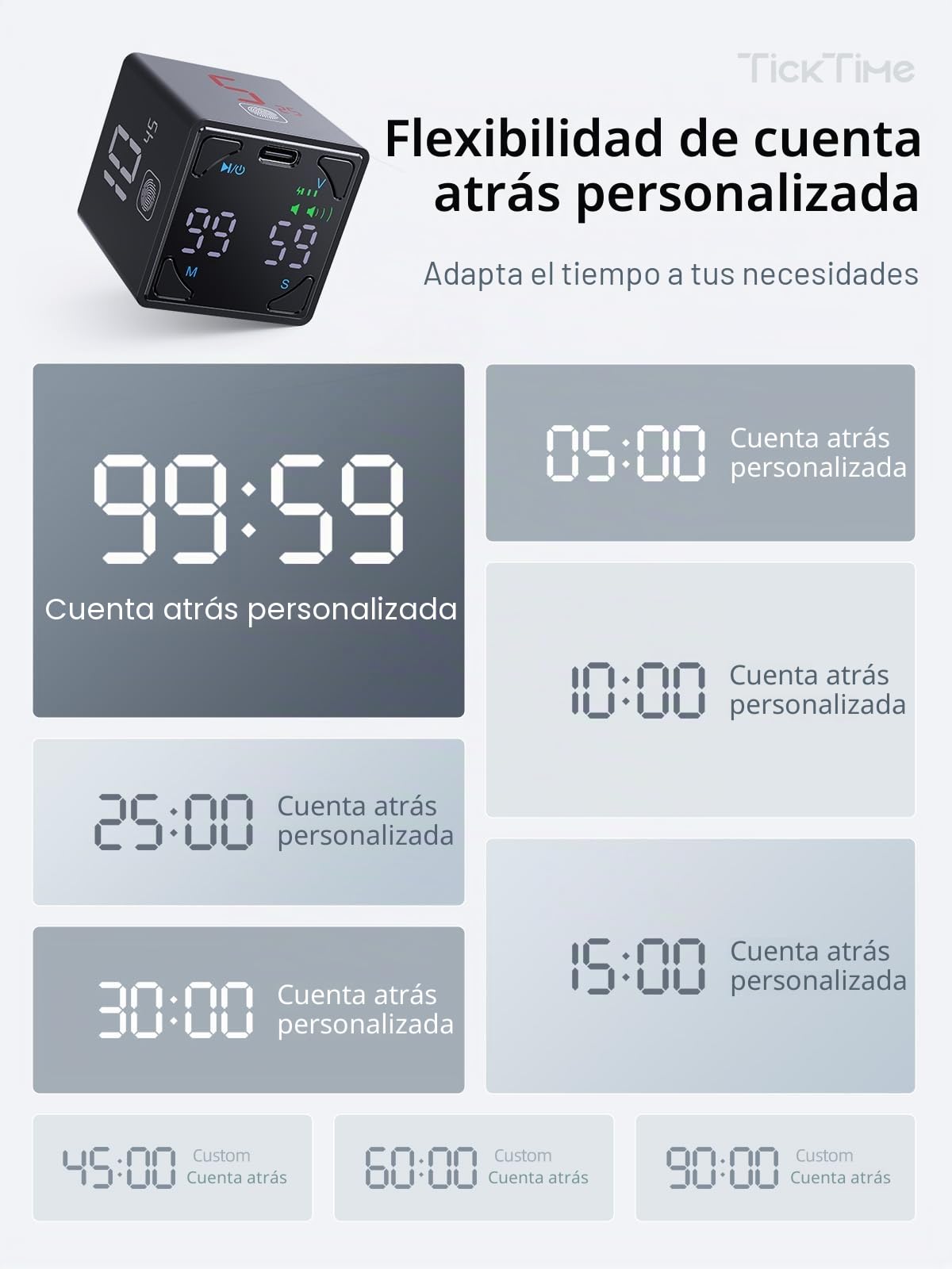 Ticktime Pomodoro Timer para Enfoque, Estudio, Trabajo, Tareas, TDAH,Cocina | Timer Pomodoro, Flip 1/3/5/10/15/25/45/60 min Countdown, Timer y Cronómetro, Pantalla Clara, 3 Avisos, Flip Pausa y Reanuda