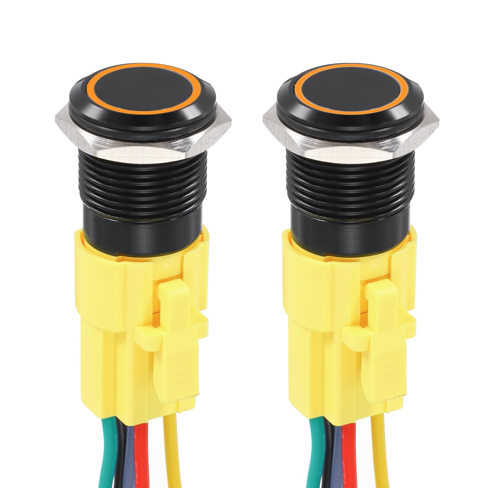 DMiotech 2 Pack 16mm / 5/8" Aluminium Alloy Momentary Push Button Switch 12V 24VDC with Orange LED Ring Head 1NO1NC Socket Plug with Wire for Car Boat Systems Custom Setups