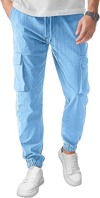 Mens Cargo Pants Casual Lightweight Elastic Waist Drawstring Pant with Pockets