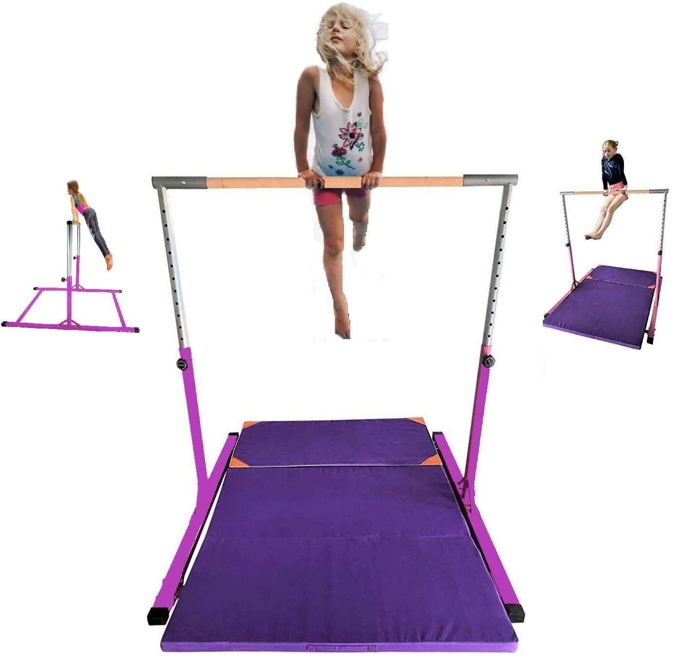 Kids Expandable Kip Bar with Tumble Mat Professional Pink Horizontal Gymnastics Asymmetric Bar 4x8 FT Mat Jungle Gym Height Adjustable 3 to 5 FT Purple Mat