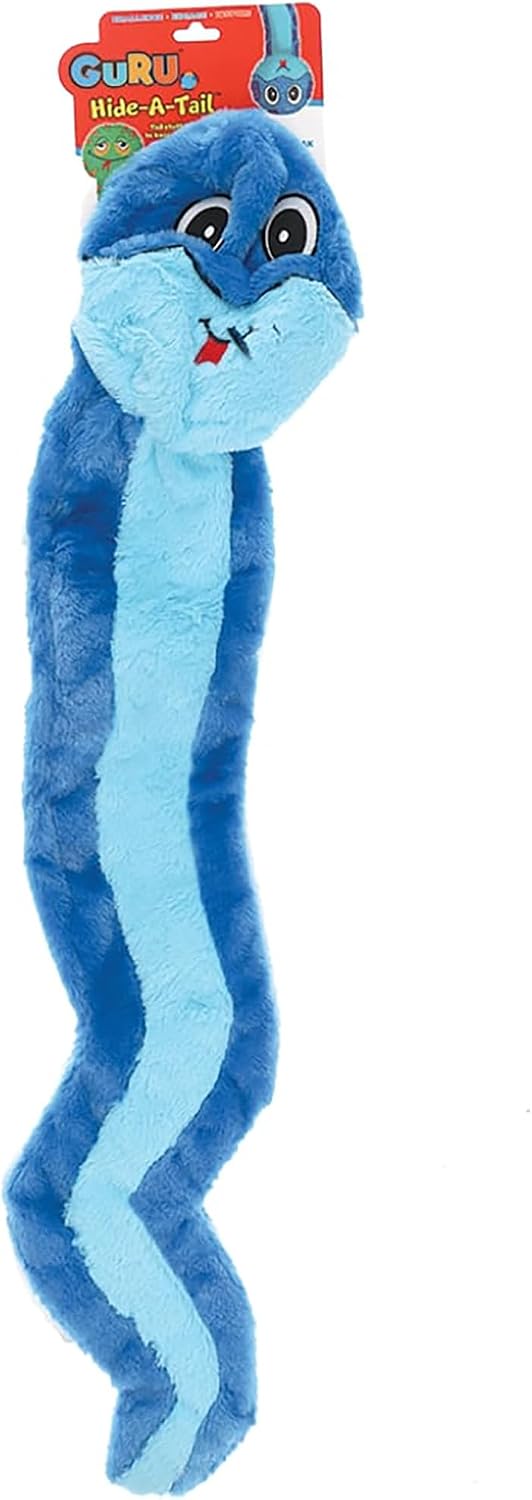 GURU Pet: Hide-A-Tail: Blue Snake - Medium - Plush Dog Toy, Hides-Dispenses Treats, No Stuffing, Squeak-Crinkle, Soft Animal Character, Tug-Solve-Play