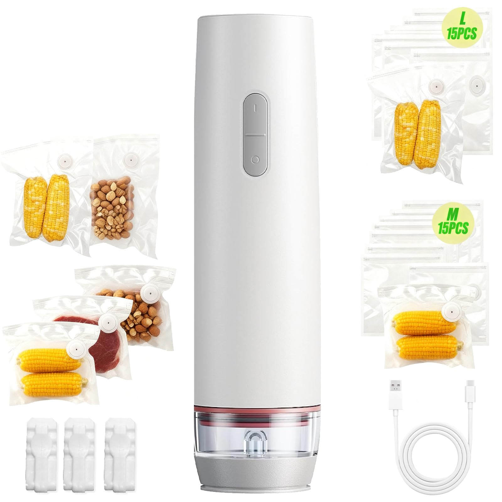 Macchina Per Sottovuoto, Macchina Per Sottovuoto Con 30 Sacchetti Portatile Stick Per Sottovuoto Ricaricabile Cavo Ricarica USB Portatile E Compatta Ermetica Sigillatrice Per Alimenti A Prova Aroma