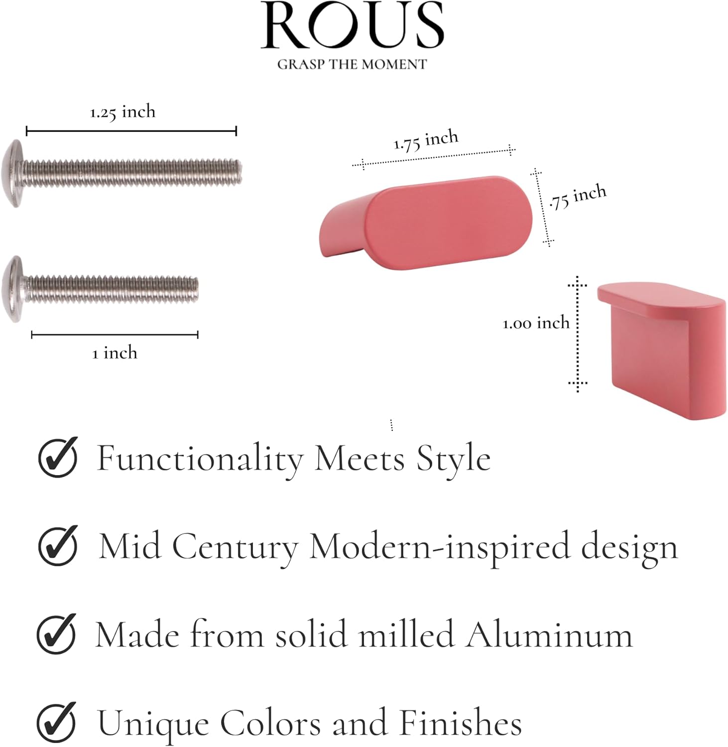 ROUS Hardware Oval Cabinet Knob – Solid Aluminum Drawer Pull, Blush (Pink) Matte Finish for Kitchen Cabinets – Cabinet Knobs, Drawer Knobs, Kitchen Cabinet Knobs, Cabinet Pulls, 1 Count.