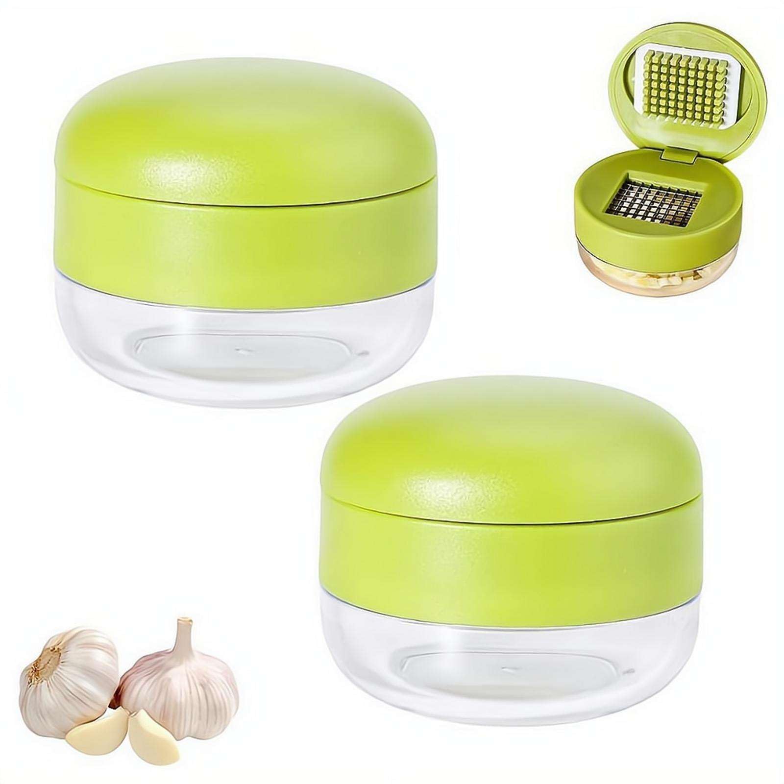 Mini Garlic Chopper and Press with Container, Kitchen Manual Garlic Mincer Crusher Cutter, Handheld Mini Kitchen Gadget for Garlic, Ginger & Small Herbs (2pcs)