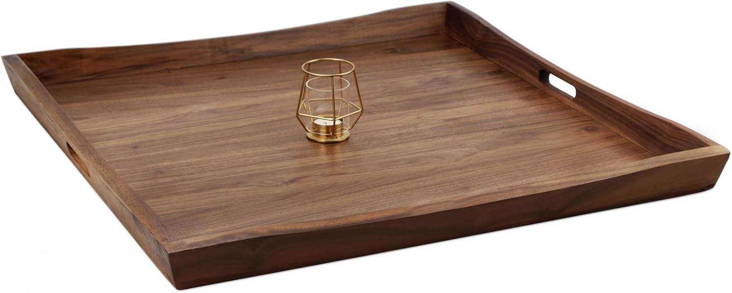 26 x 26 Inches Large Square Curved Black Walnut Wood Ottoman Tray with Handles, Serve Tea, Coffee Classic Wooden Decorative Serving Tray