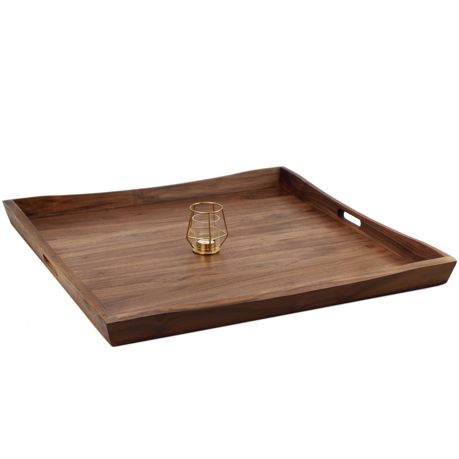 MAGIGO 30 x 30 Inches Large Square Curved Black Walnut Wood Ottoman Tray with Handles, Serve Tea, Coffee Classic Wooden Decorative Serving Tray