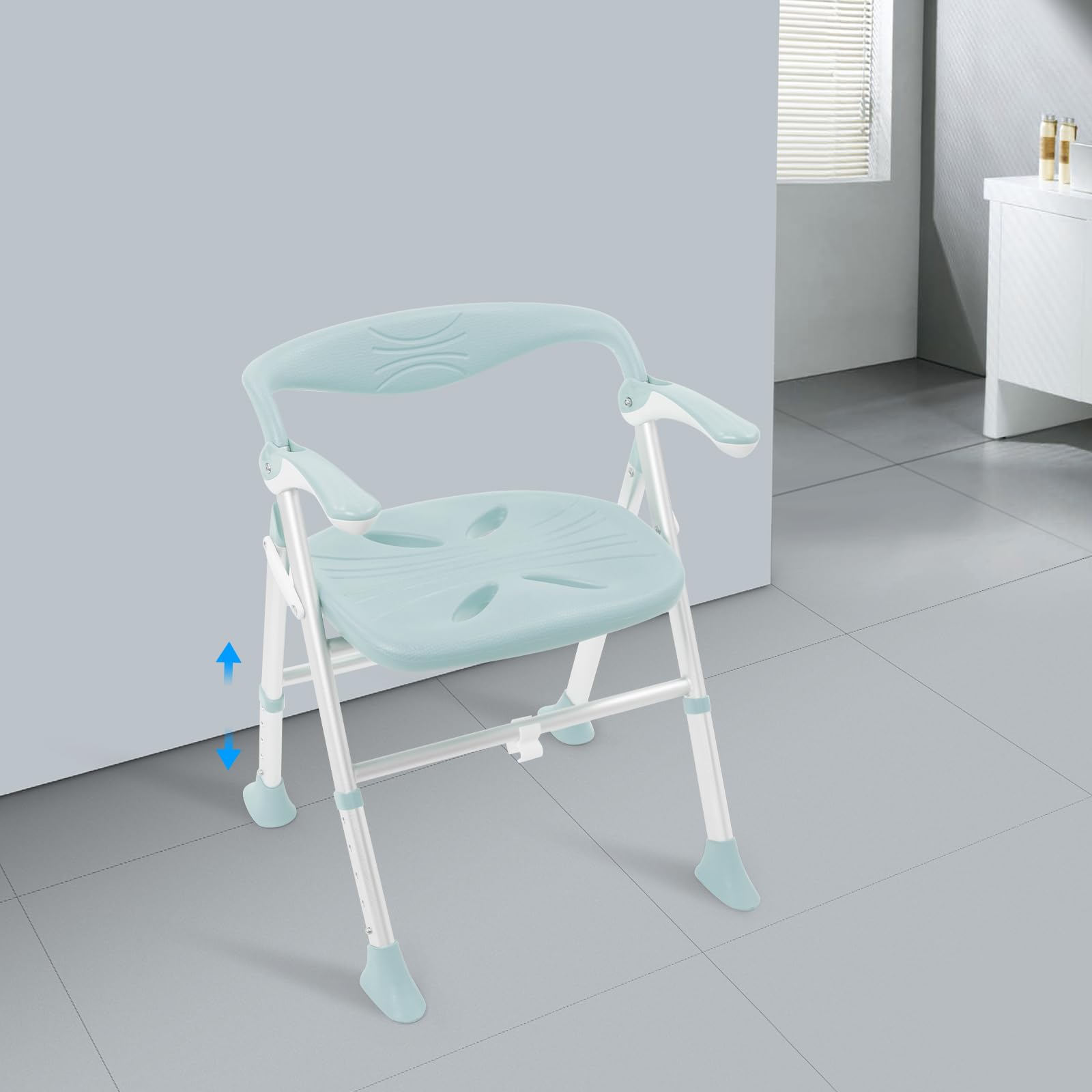 Sedia da doccia per anziani, pieghevole in alluminio T5, con schienale, regolabile in altezza, portata fino a 180 kg, per interni, anziani e disabili (verde)