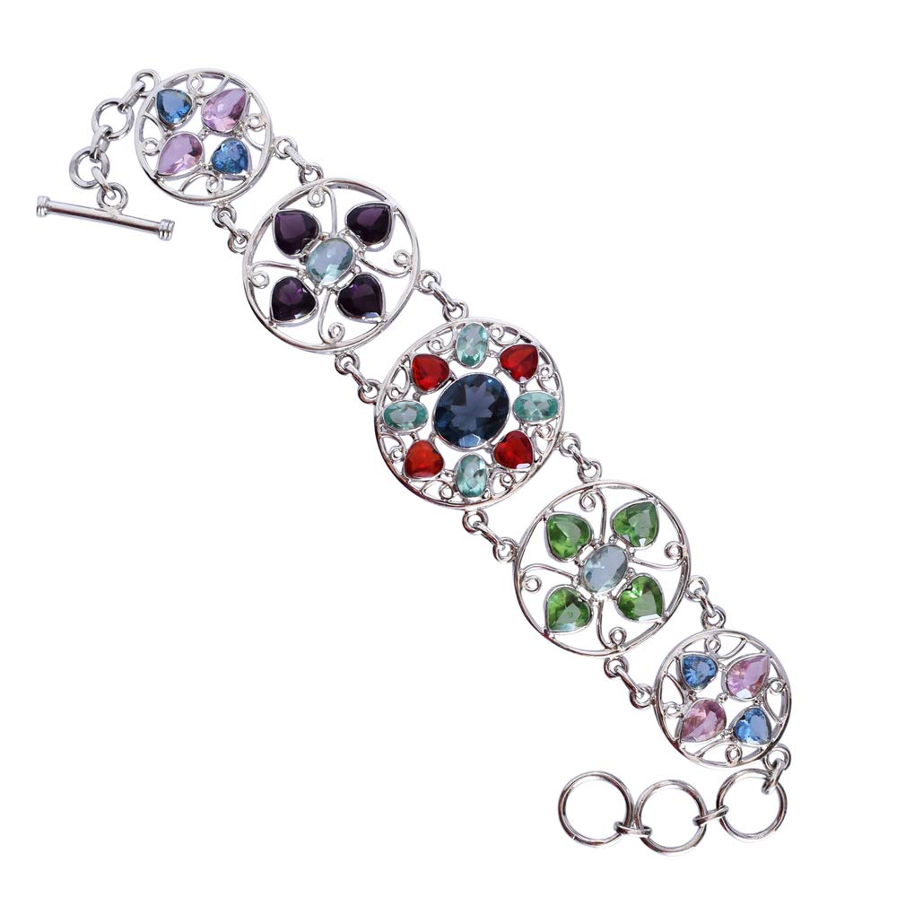 Pulsera de plata de ley 925 con múltiples cuarzo, chapado en rodio blanco, multicolor, bisel facetado, juego de joyas de palanca