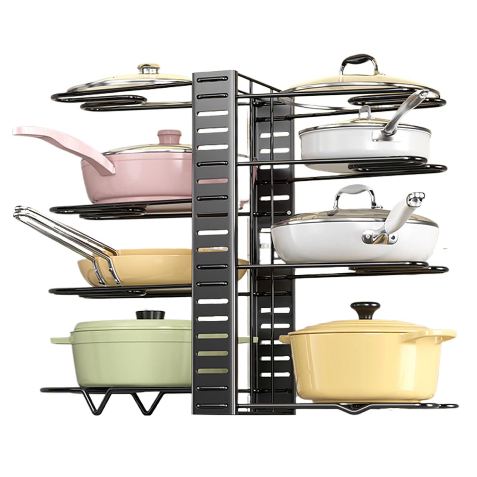 Estante extensible para sartenes, 12 compartimentos ajustables, sin taladro, adhesivo para montaje en pared, soporte para ollas y tapa, solución de almacenamiento de cocina para armarios y armarios