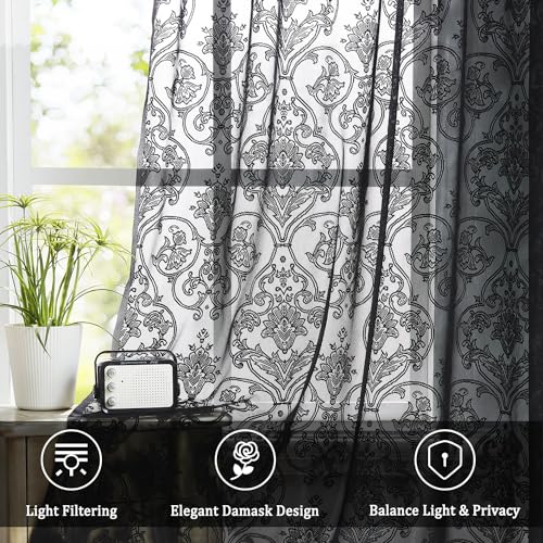 Image of Black Lace Curtains 84 inch Damask Sheer Curtain Panels for Living Room Bedroom Luxury Vintage Light Filtering Victorian Drapes Black Window Treatment Sets Rod Pocket 2 Panels 54 inch W