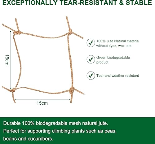 Miniatura 2 de Miuezuth Red de apoyo para plantas, red de yute natural biodegradable para plantas trepadoras de jardín, pepino, vid, frutas y verduras y tomate