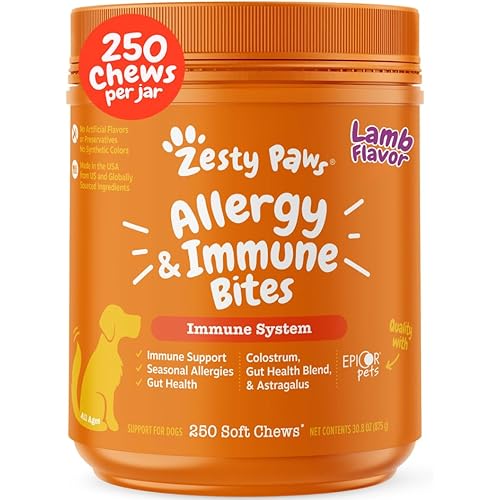Zesty Paws Dog Allergy Relief Chews, Dog Probiotics for Itchy Skin and Ears, Lamb, 250ct