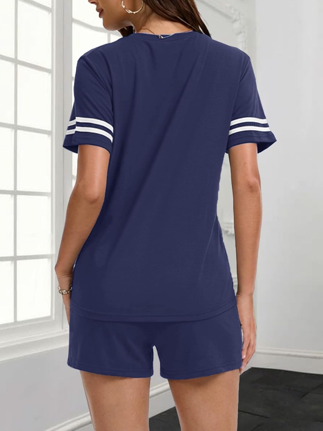 Women 2 Piece Lounge Short Sets Summer Crew Neck Sleepwear Casual Outfits Sweatsuit with Pocket