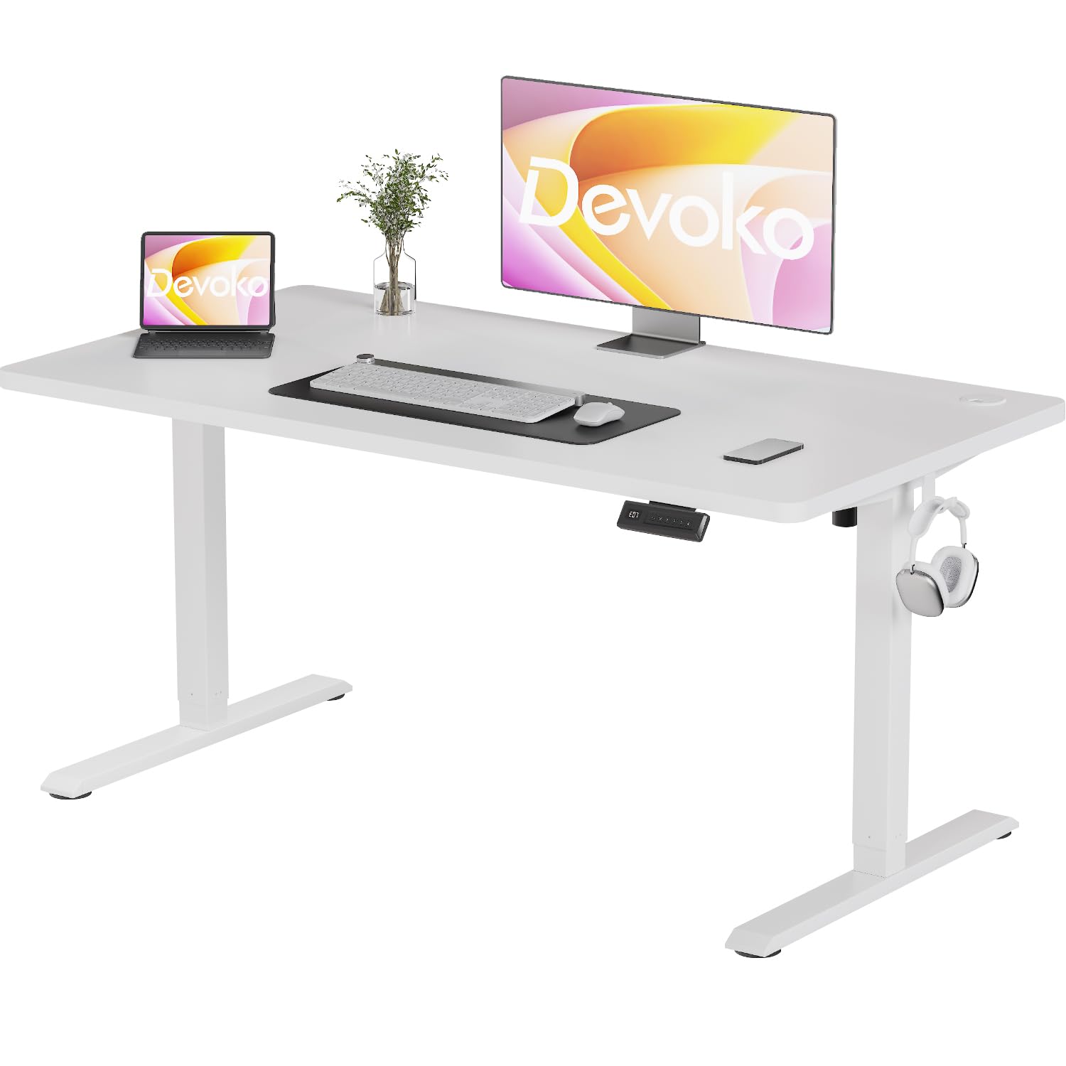 Devoko 120x60cm Elevable Eléctrico con Tablero de Una Pieza, Mesa Escritorio Elevable Regulable en Altura 72-116 cm, Standing Desk con 4 Alturas de Memoria Blanco