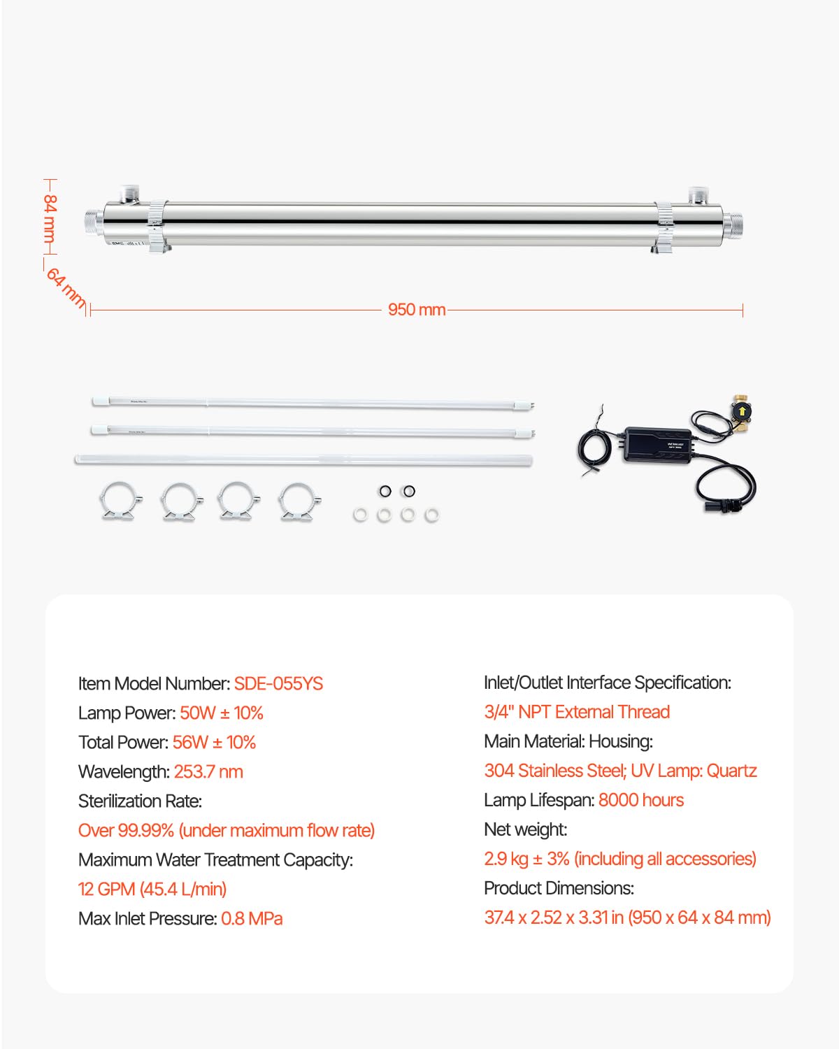 VEVOR Purifier UV Water, 55 W, 12 GPM, 110 V, Versatile Ultraviolet Water Purification Filter with Stainless Steel housing, UV Water Filter for The Whole House with Quartz Sleeve