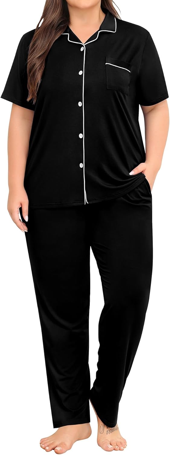 SWOMOG Women's Plus Size Pajama Set Short Sleeve Sleepwear Top and Pants Button Up Pajamas for Women Loungewear