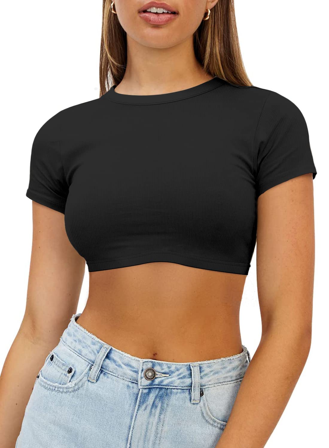 Haochic Women’s Square Neck Ribbed Top – Short Sleeve, Slim Fit, Y2K Casual Tee For Summer