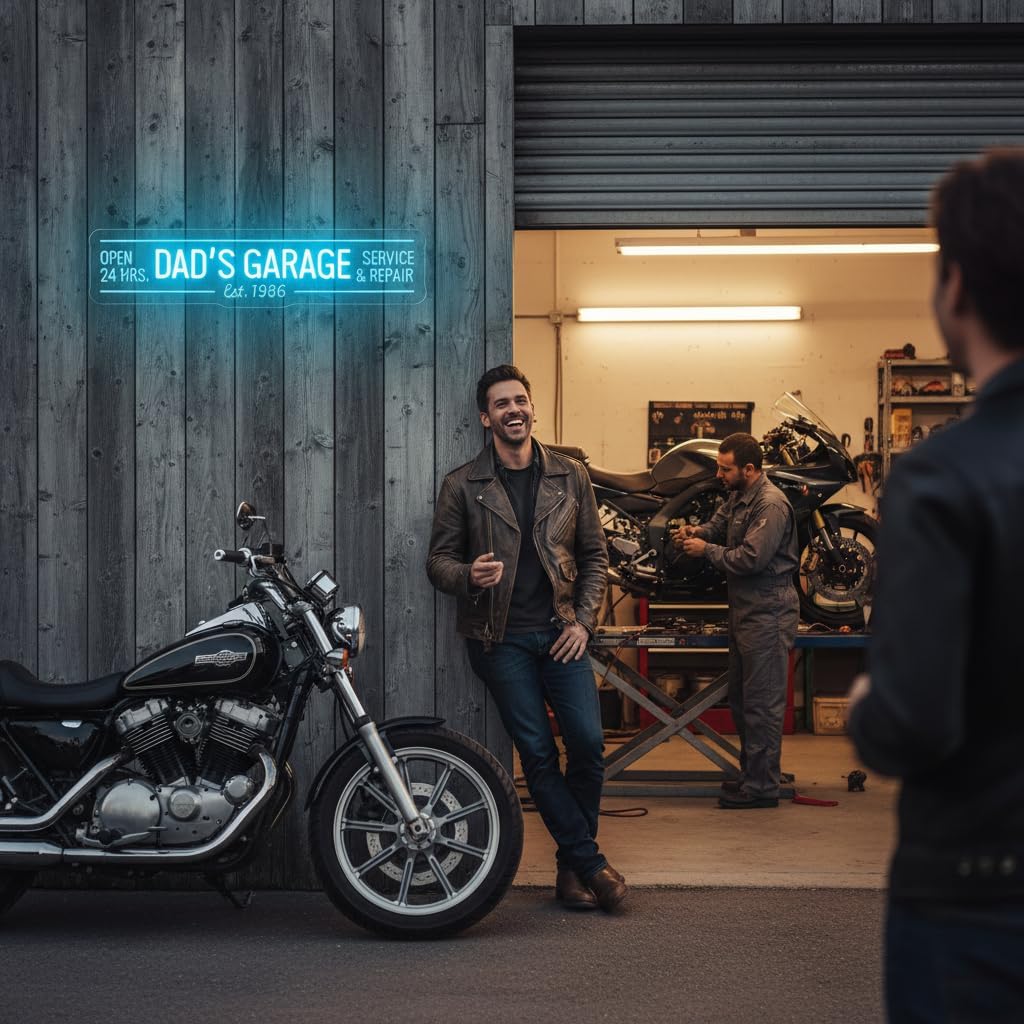 Custom Dad’s Garage LED Sign, Personalized Wall Decor for Man Cave Auto Repair Shop, Workshop Tool Room Light, Gift for Dad Father Men