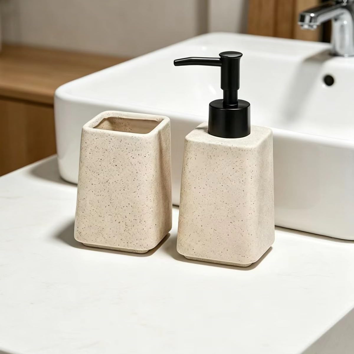Beige Ceramic Bathroom Accessories Set Toothbrush Holder and Soap Dispenser image 5