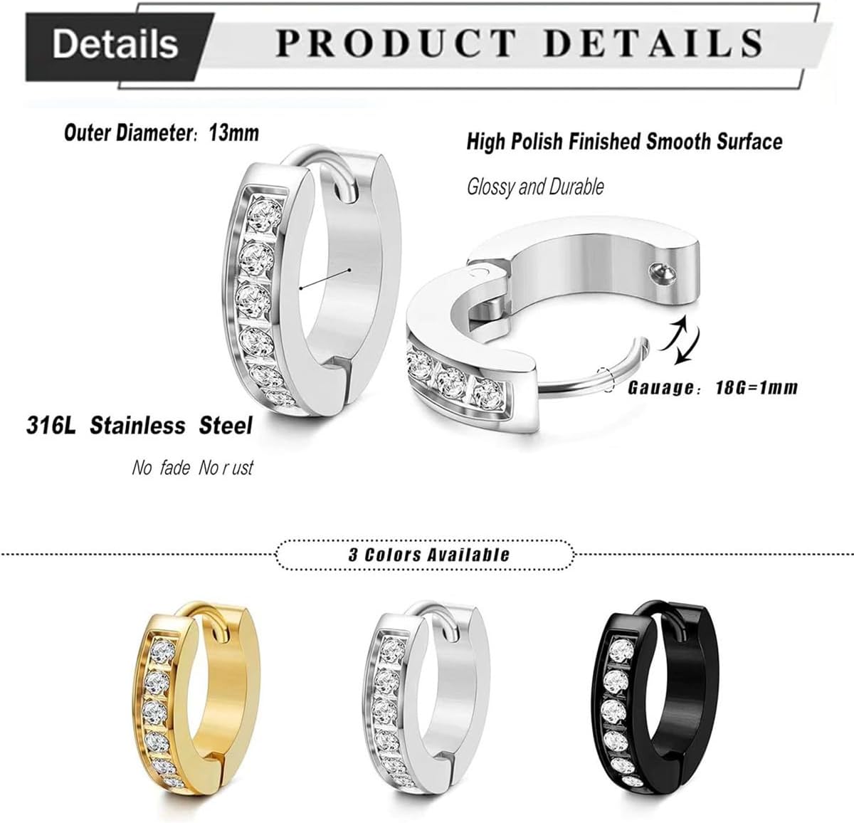 Men Earrings Stainless Hypoallergenic inlaid zircon Smooth surface polished Hoop Earrings CZ Piercings Huggie Silver Earrings pack for men women