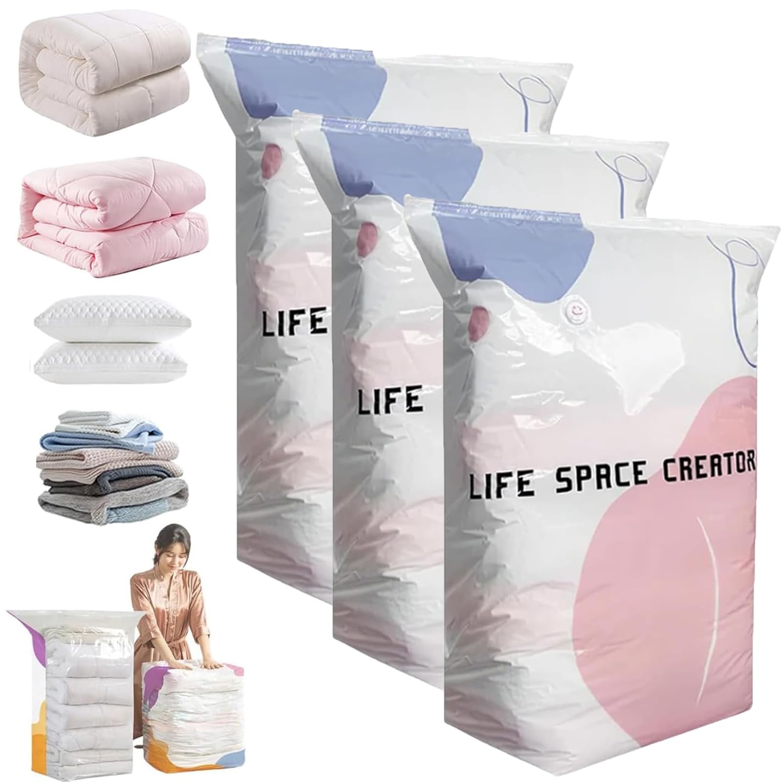 Sacchetti sottovuoto – Grandi sacchetti a compressione senza pompa, arrotolabili e sigillati, spessi e riutilizzabili, per vestiti, piumini, biancheria da letto e viaggi (set da 4)