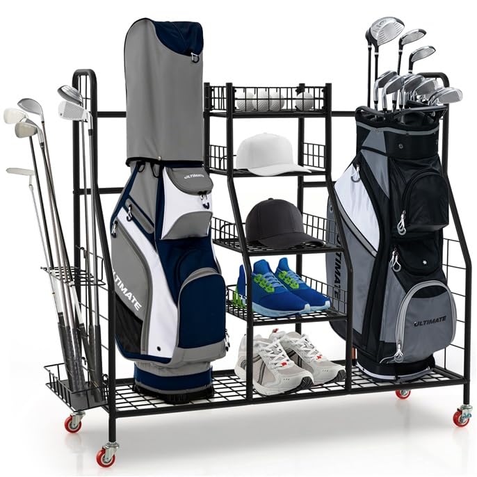 GYMAX ゴルフ 収納ラック キャスター付き ゴルフバッグスタンド クラブ立て掛け 多機能ラック 収納棚 ゴルフ場 自宅用 業務用 個人用 メタル製 省スペース コンパクト 移動式 自立式