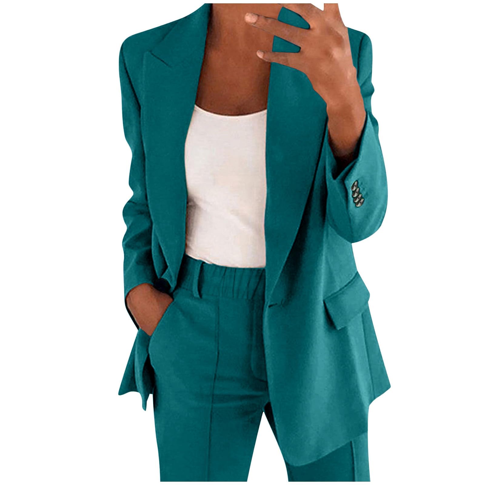 Ensemble Bureau Deux Pièces Veste Longue Manches Bouton Formel Pantalon Mince Haute Femme Élégant Costume