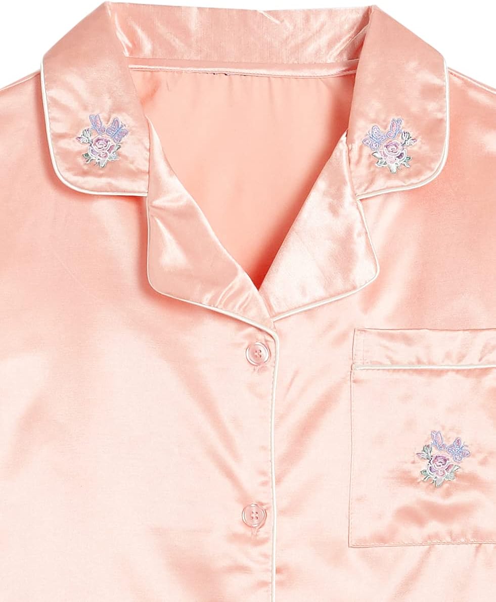 AmeriMark Womens Classic Satin Pajama Set Silky PJ Long Sleeves Button Up Front