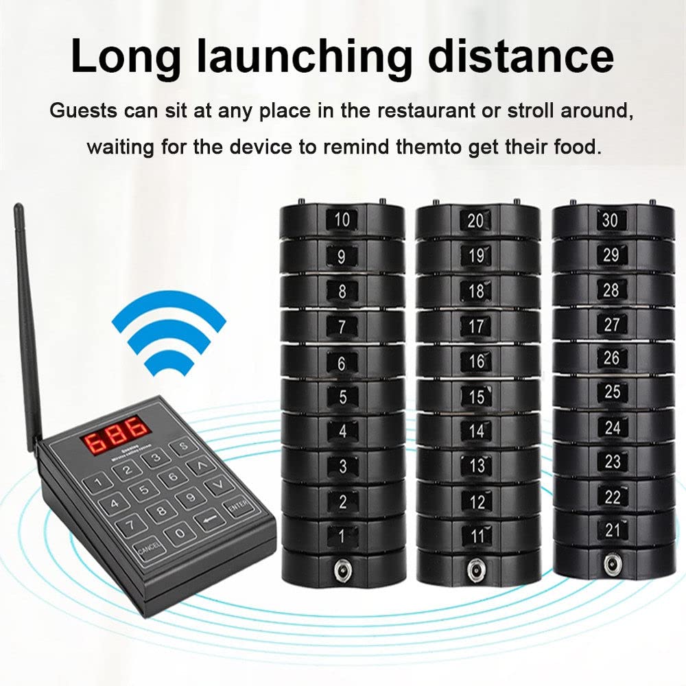 Localizador Inalámbrico para Clientes de Restaurantes,1 Teclado Emisor+10/20/30 Localizador Posavasos, Asistente para Recoger la Comida,30Pagers