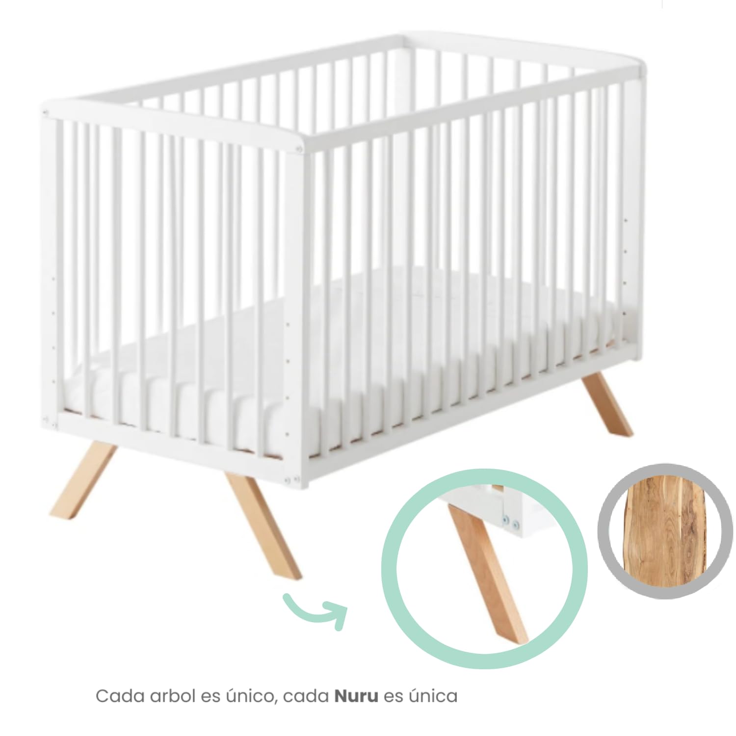 Cuna Convertible Nuru con Kit colecho para unir a la Cama y barandillas Blancas. Conforme a normativa Europea CoolDreams