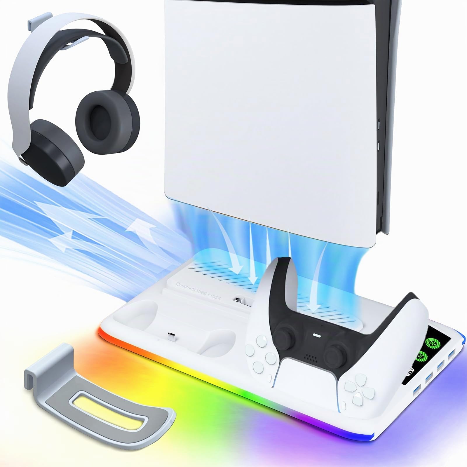 Supporto Verticale per PS5/PS5 Slim, Supporto Raffreddamento per PlayStation 5 con 3 Livelli di Ventola, Stazione Ricarica per Controller Doppi / Supporto per Cuffie / Luce RGB per PS5/Digital Edition